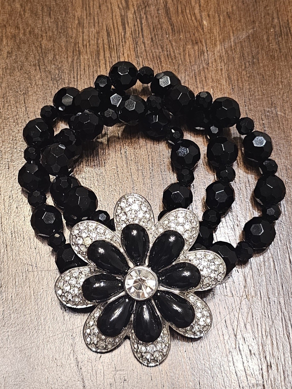 Black Beaded Flower Bracelet with Crystal Accent